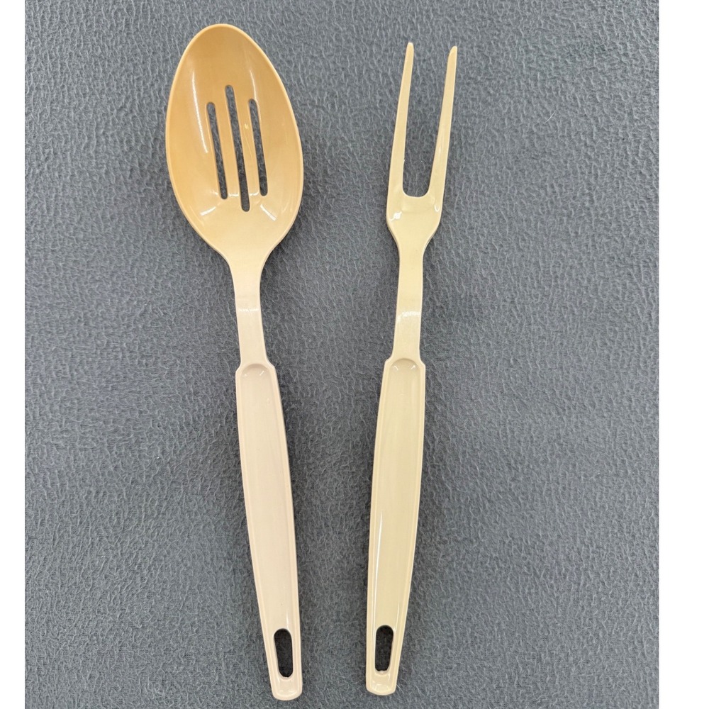 EKCO Slotted Spoon Fork Set Almond Vintage USA Utensils MCM Kitchen Retro